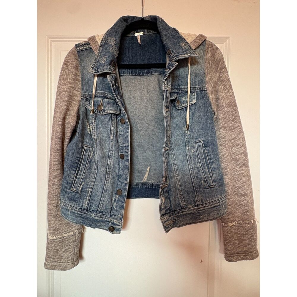 Free People Denim Knit Hooded Casual Fall Winter Denim Jacket